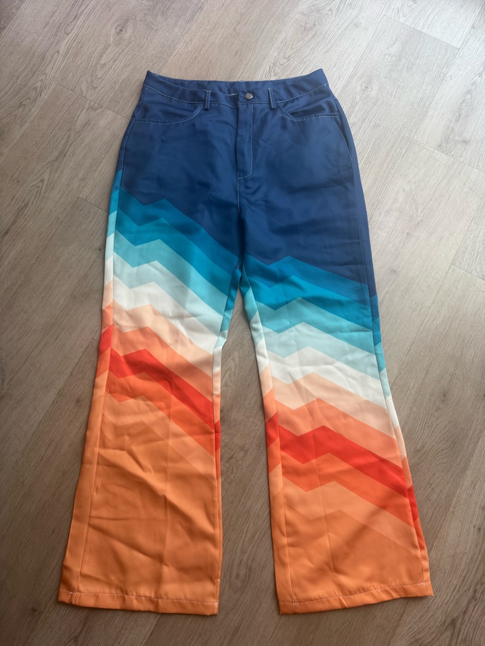 Retro Chevron Gradient Wide-Leg Pants - Blue, Teal, White, Orange
